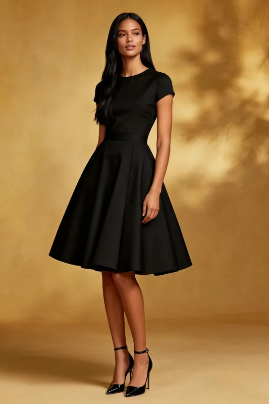 A Line Round Neck Midi Black Dress with Short Sleeves sold by Zapaka