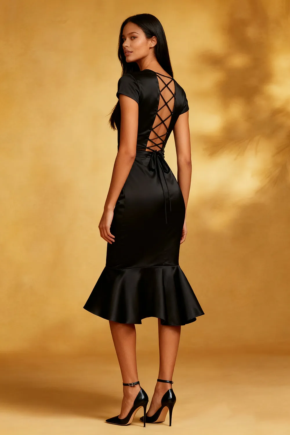 Black Mermaid Midi Cocktail Dress with Cap Sleeves sold by Zapaka product image thumbnail 2