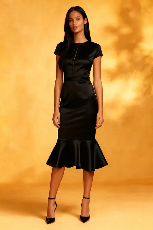 Black Mermaid Midi Cocktail Dress with Cap Sleeves sold by Zapaka