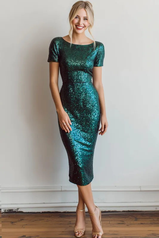 Sparkly Sequin Dark Green Sheath Midi Cocktail Dress sold by Zapaka
