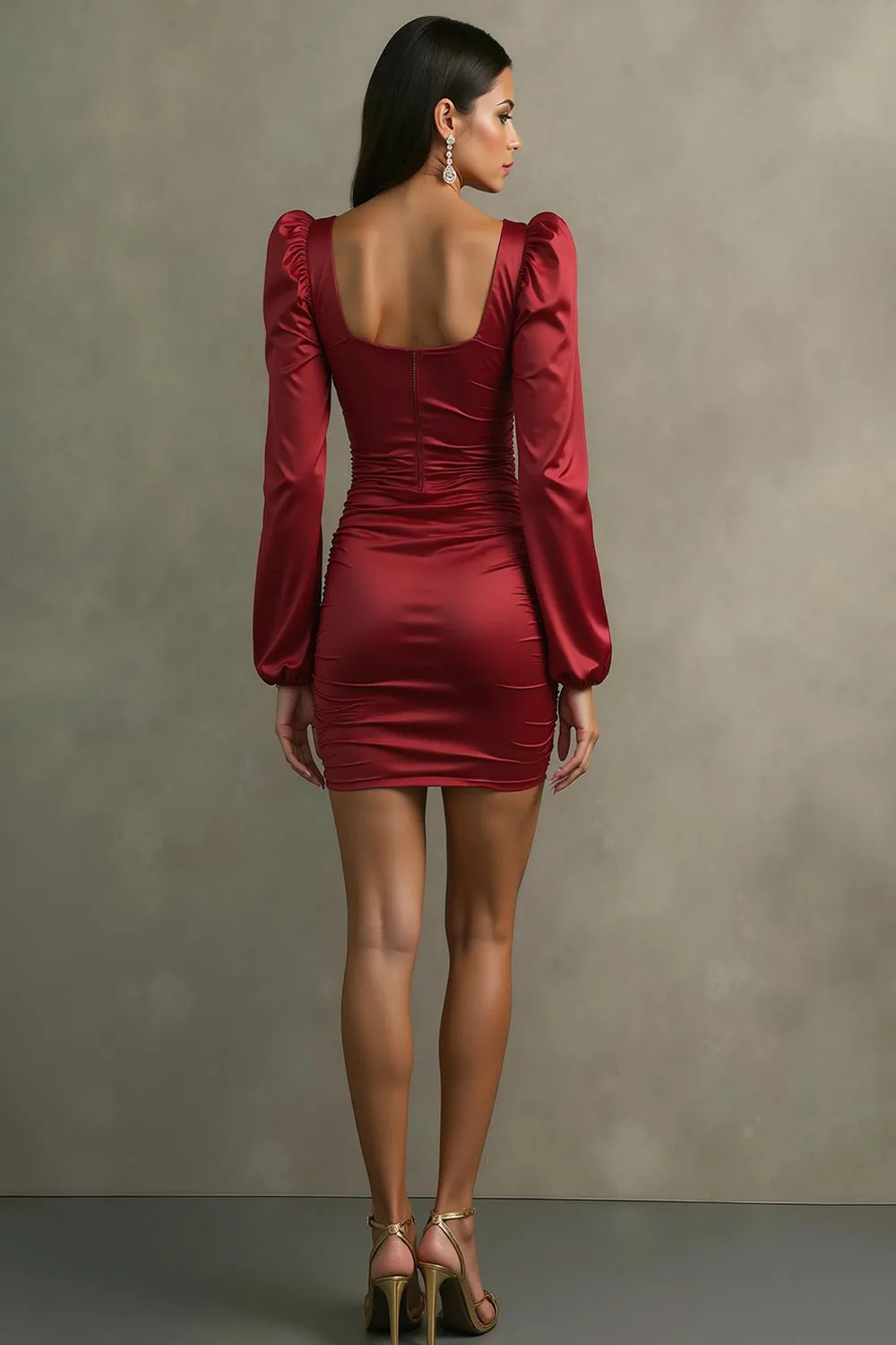 Red Bodycon Satin Short Cocktail Dress with Sleeves sold by Zapaka product image thumbnail 2