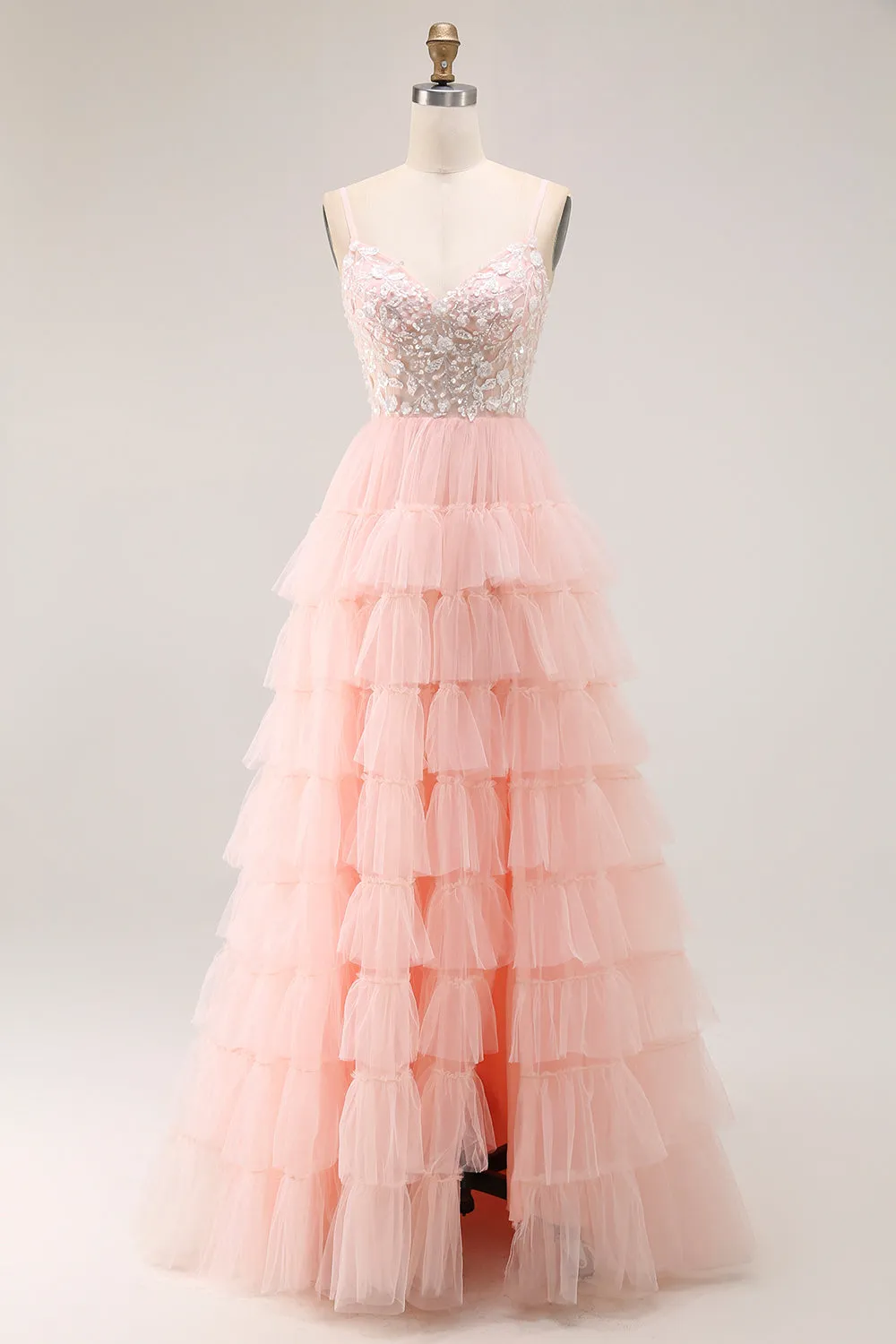 Blush A Line Corset Sequins Tiered Ruffle Long Prom Dress with Appliques sold by Zapaka