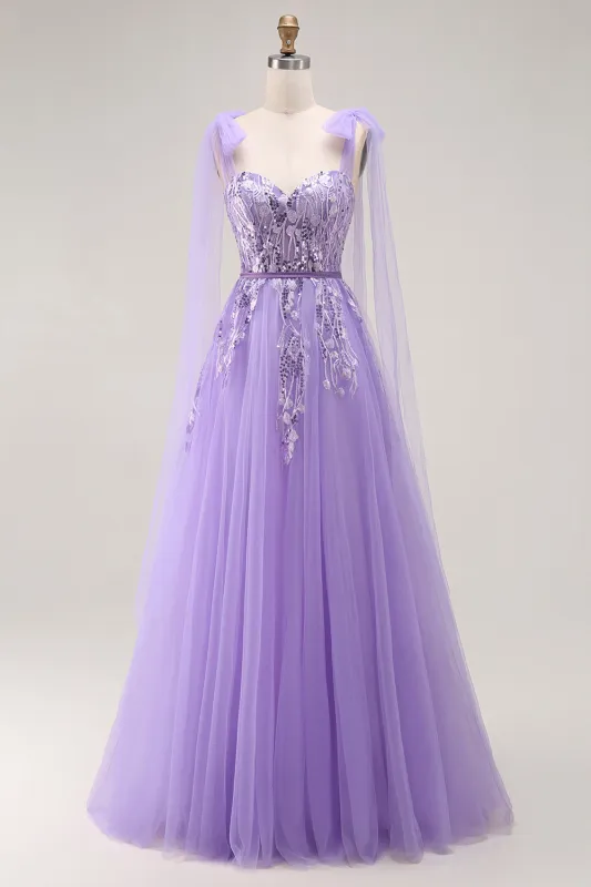 Purple A Line Sequin Lace Up Back Tulle Long Prom Dress with Bow Straps sold by Zapaka