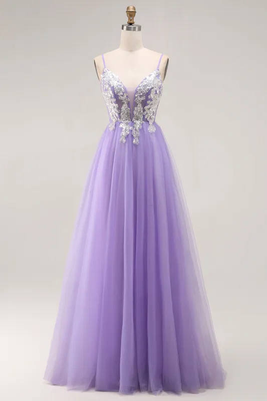 Purple A Line Appliqued Corset Long Prom Dress with Lace Up Back sold by Zapaka