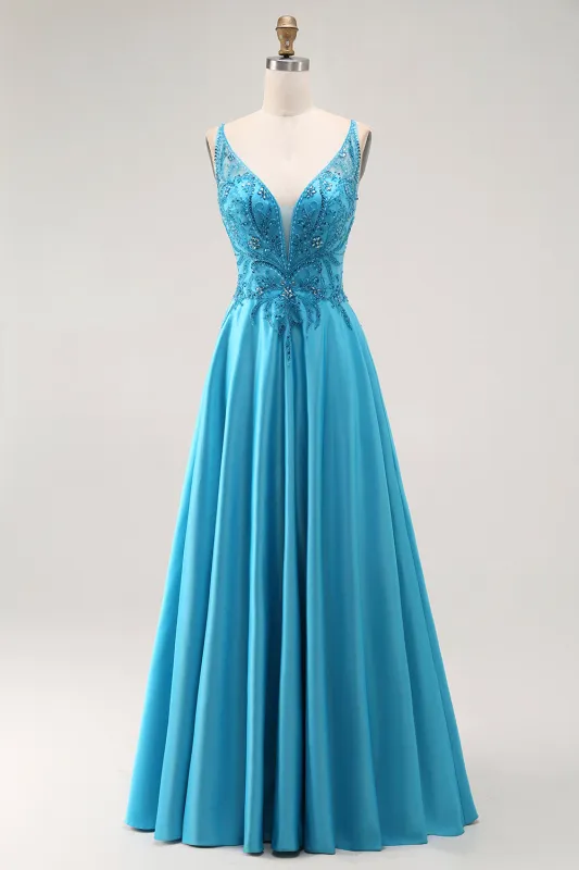 A Line Beaded Long Blue Prom Dress With Appliques sold by Zapaka