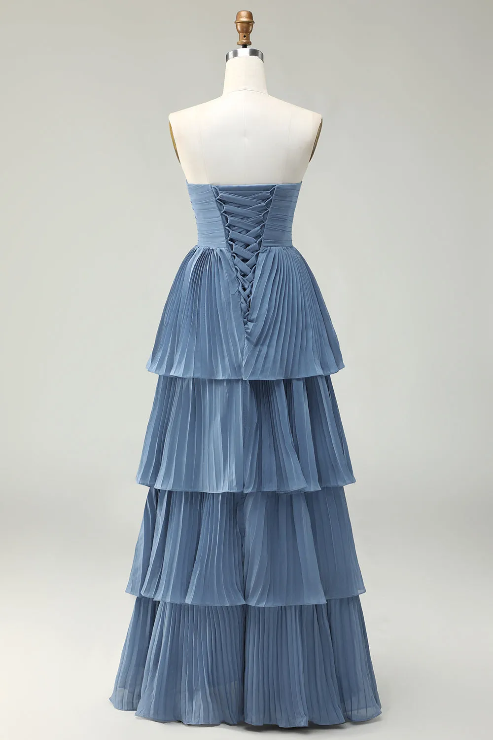 Dusty Blue A-Line Strapless Pleated Tiered Long Bridesmaid Dress sold by Zapaka product image thumbnail 2