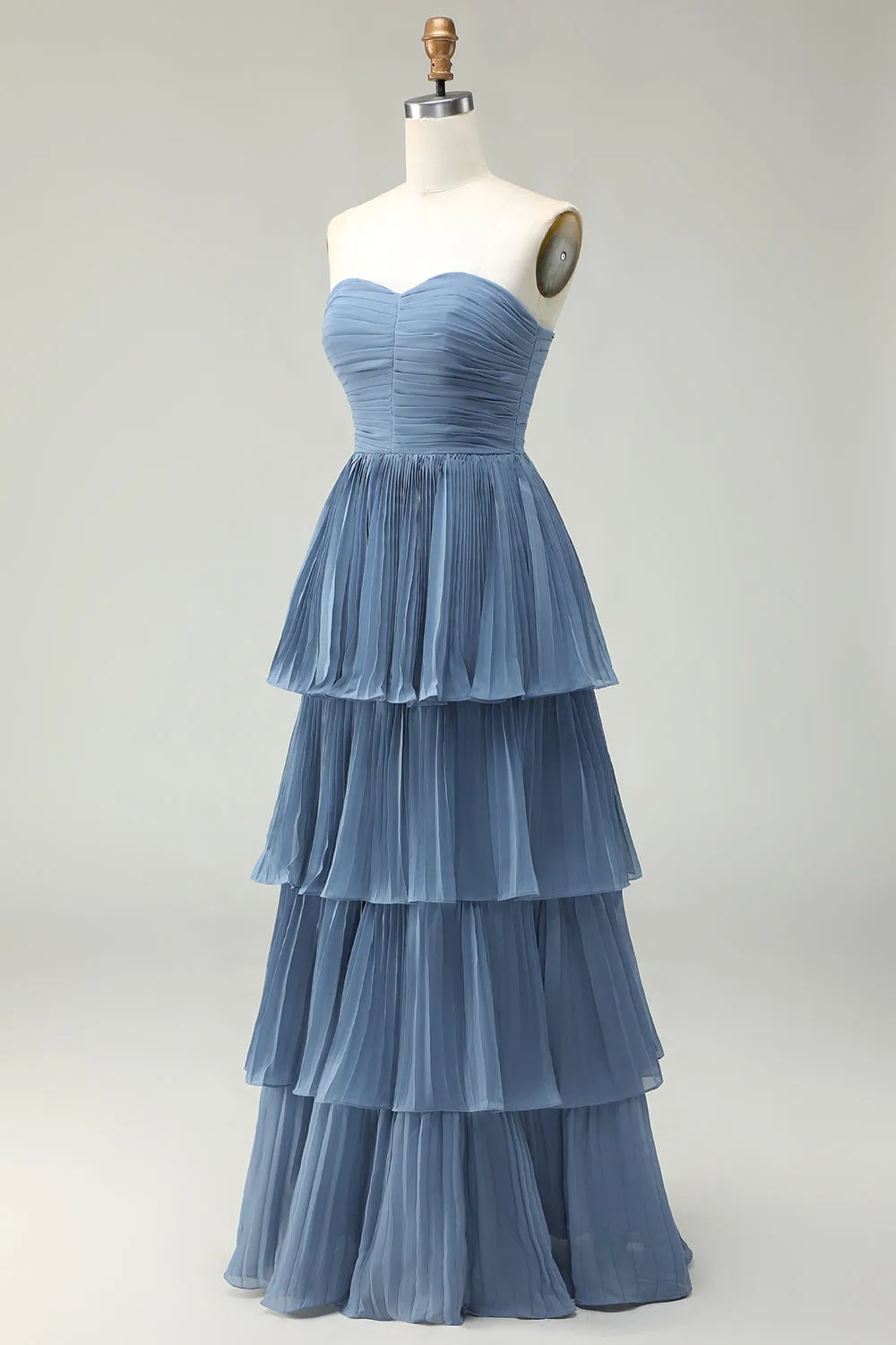 Dusty Blue A-Line Strapless Pleated Tiered Long Bridesmaid Dress sold by Zapaka product image thumbnail 3