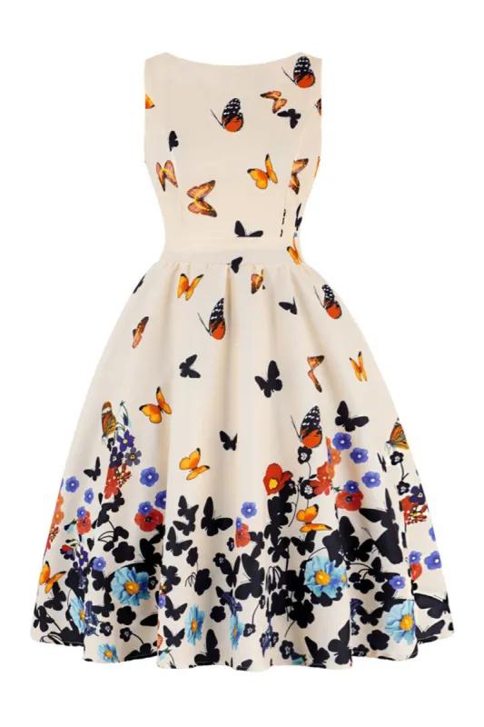 Butterfly Print Sleeveless Apricot 1950s Dress sold by Zapaka