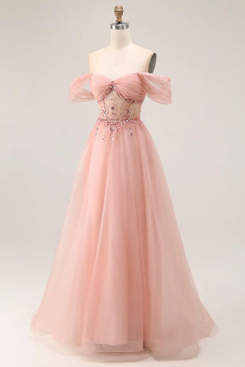 Blush Off The Shoulder Beaded A Line Tulle Long Prom Dress sold by Zapaka product image thumbnail 3