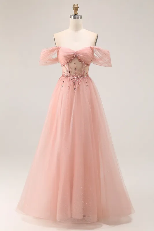 Blush Off The Shoulder Beaded A Line Tulle Long Prom Dress sold by Zapaka