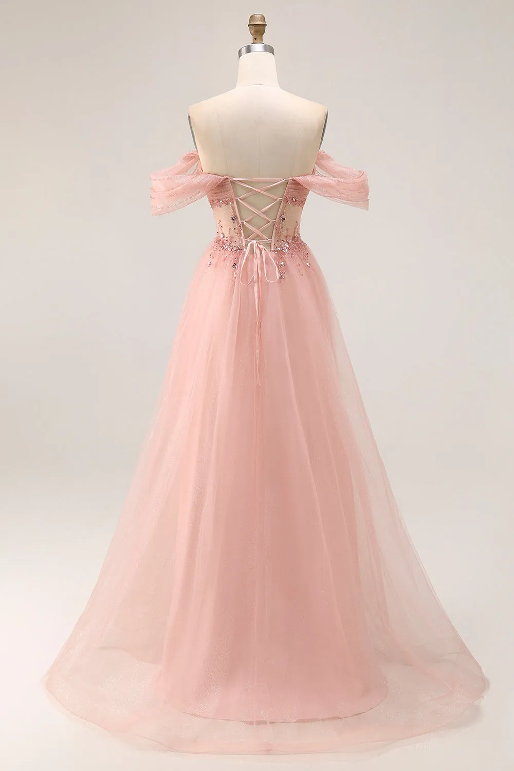 Blush Off The Shoulder Beaded A Line Tulle Long Prom Dress sold by Zapaka product image thumbnail 2