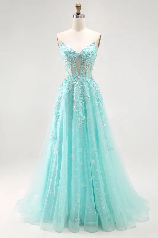 Sparkly Green A-Line Strapless Sequins Corset Long Prom Dress with Slit sold by Zapaka