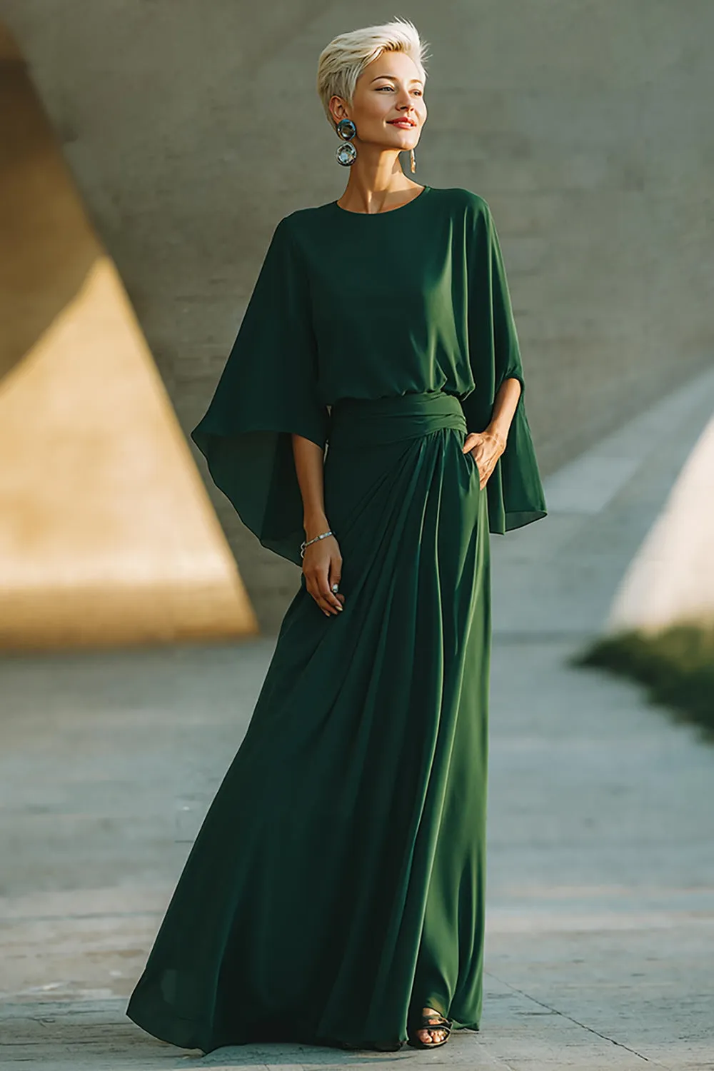 Dark Green A-Line Round Neck Long Mother Of The Bride Dress sold by Zapaka