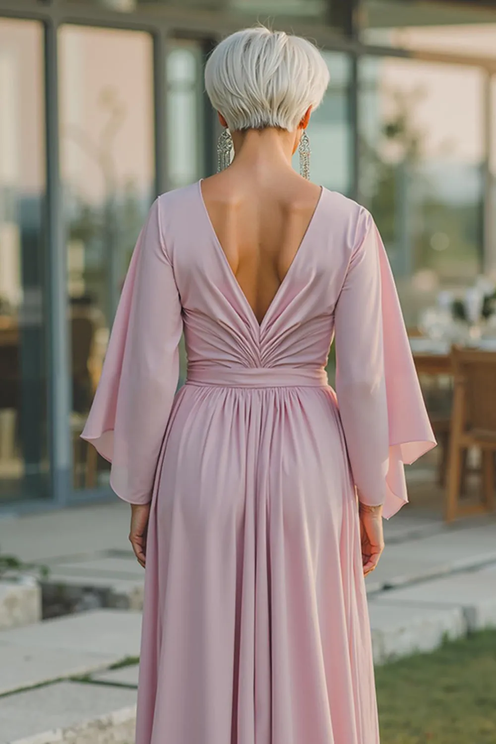Dusty Rose Chiffon V-Neck Ruched Long Mother Of The Bride Dress with Half Sleeves sold by Zapaka product image thumbnail 4