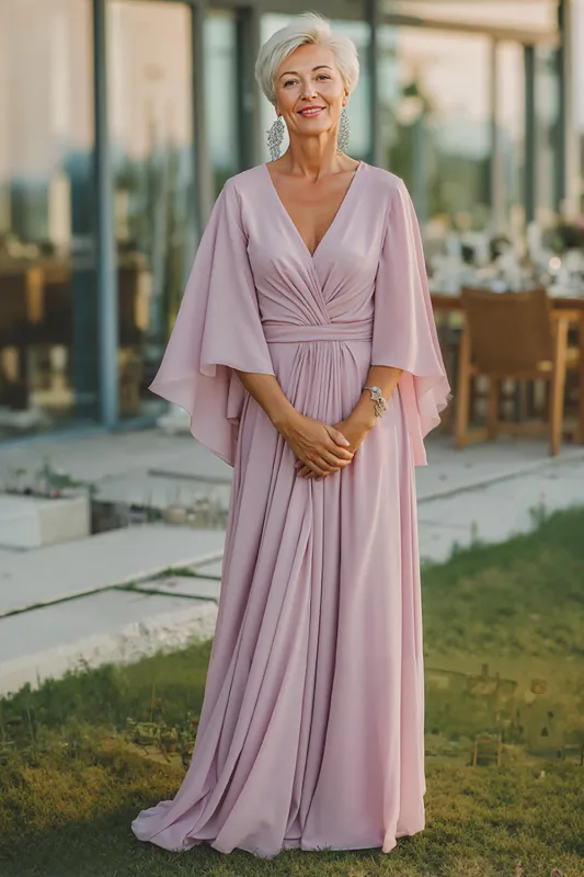 Dusty Rose Chiffon V-Neck Ruched Long Mother Of The Bride Dress with Half Sleeves sold by Zapaka