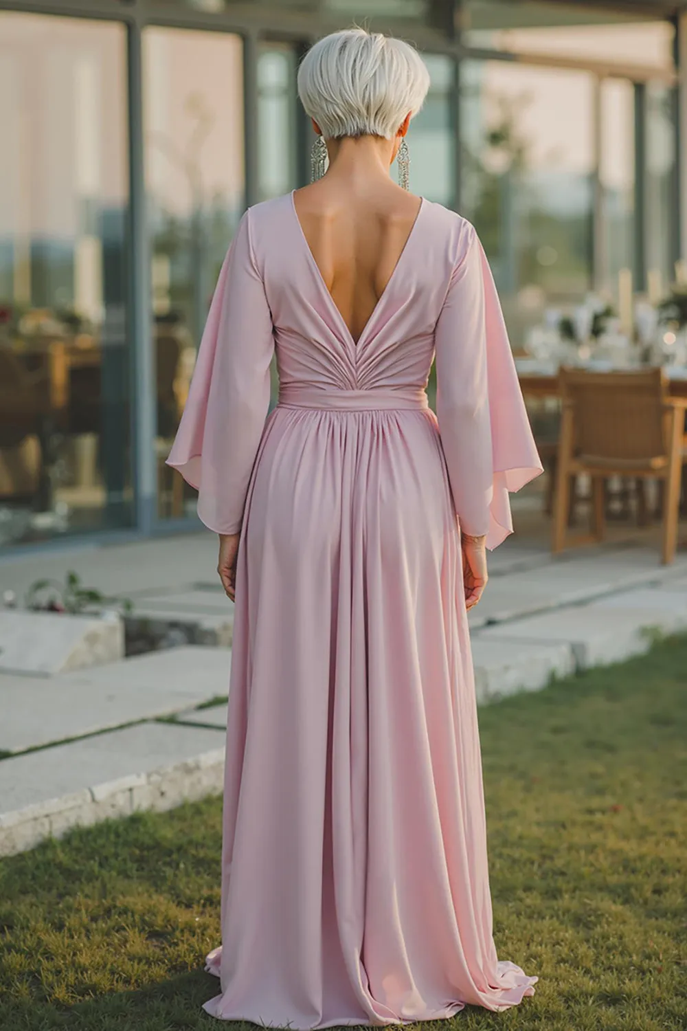 Dusty Rose Chiffon V-Neck Ruched Long Mother Of The Bride Dress with Half Sleeves sold by Zapaka product image thumbnail 2