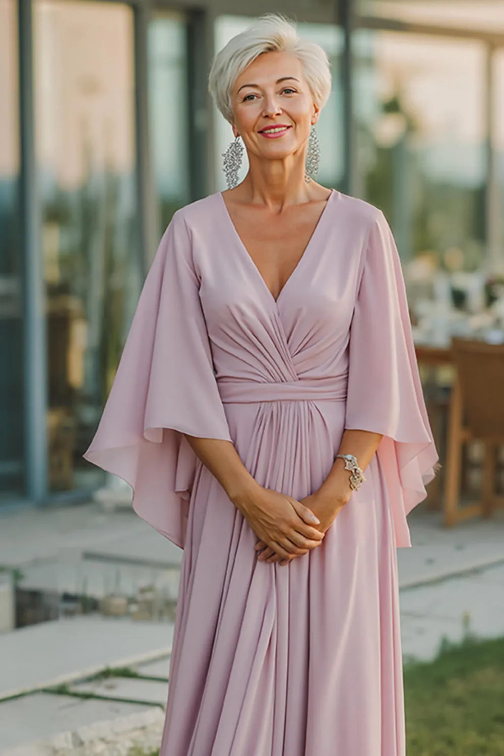 Dusty Rose Chiffon V-Neck Ruched Long Mother Of The Bride Dress with Half Sleeves sold by Zapaka product image thumbnail 3
