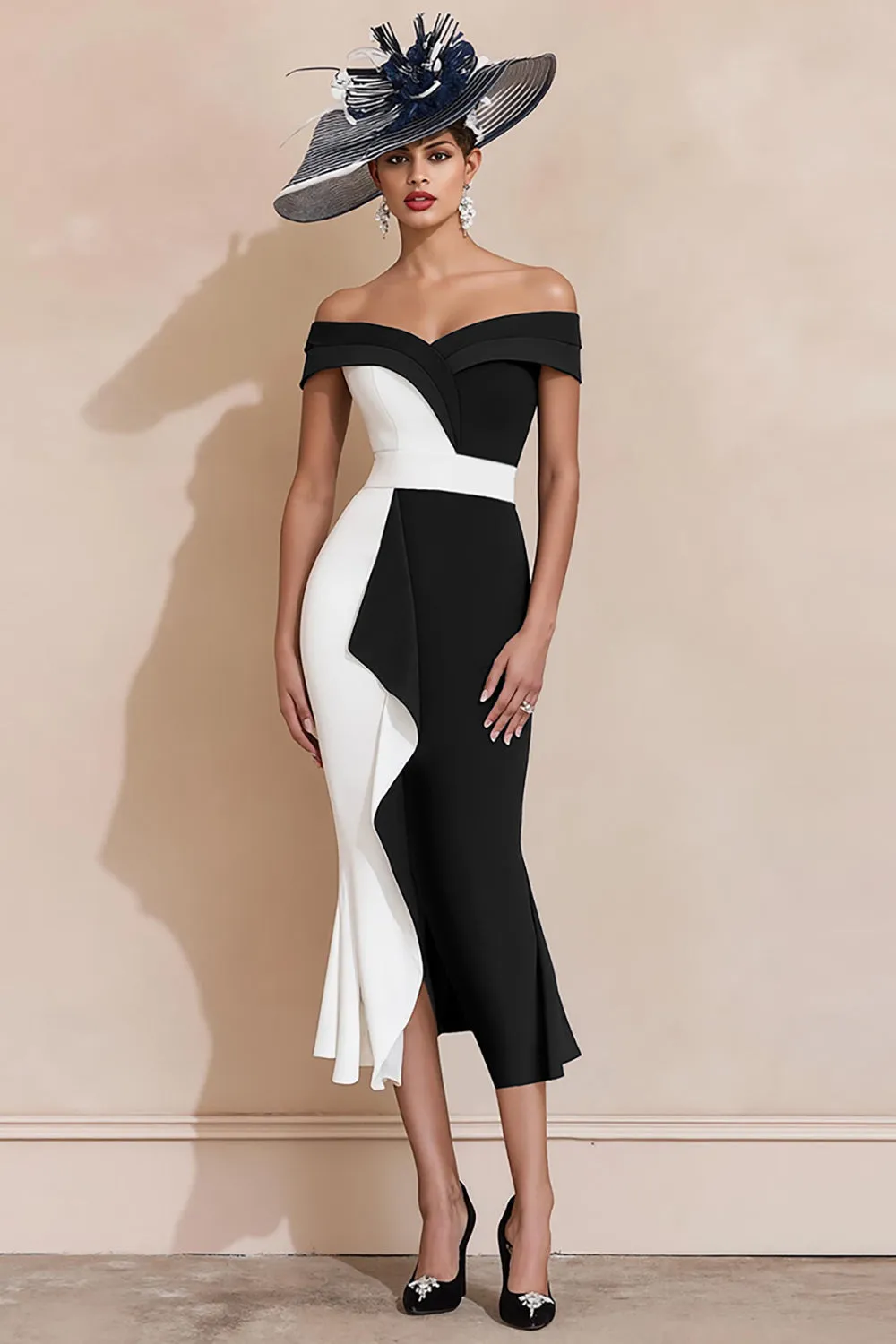 Black and White Mermaid Off The Shoulder Mother Of The Bride Dress sold by Zapaka