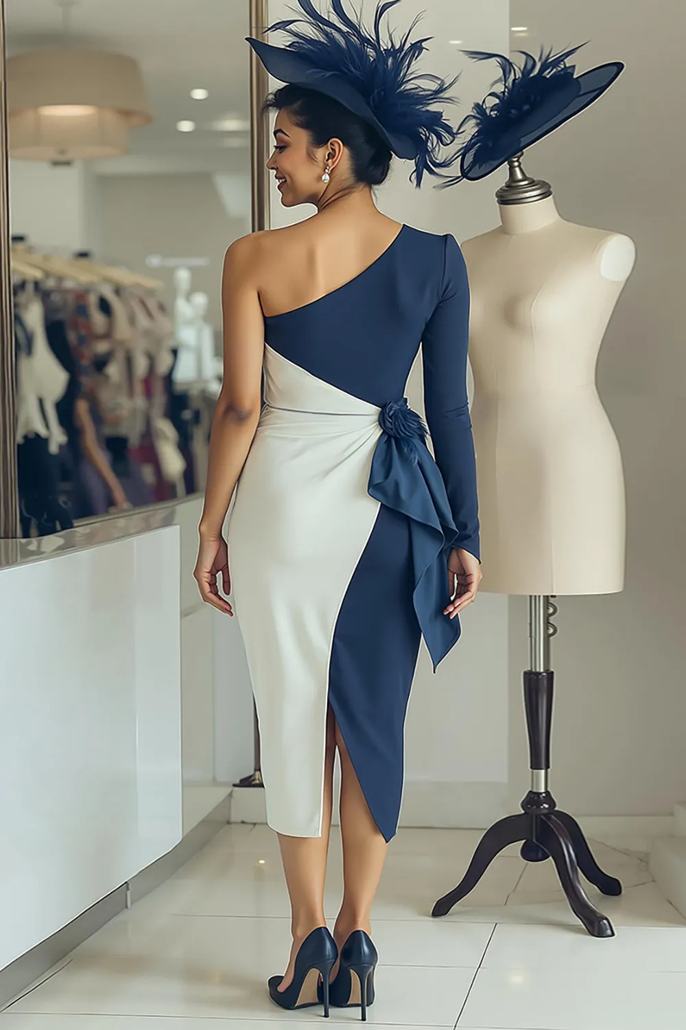 White Navy One Shoulder Bodycon Midi Mother Of The Bride Dress with Sash sold by Zapaka product image thumbnail 2