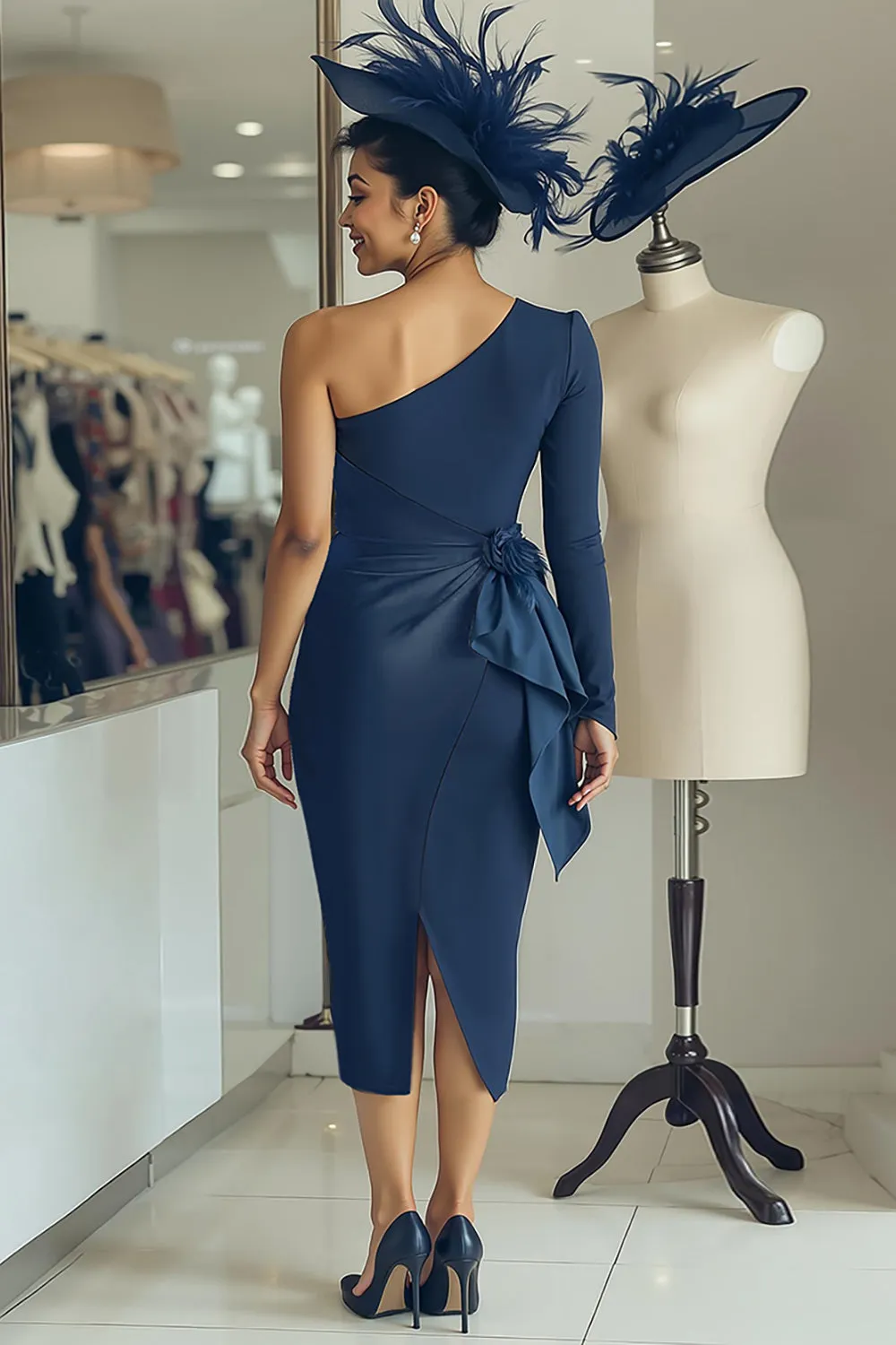White Navy One Shoulder Bodycon Midi Mother Of The Bride Dress with Sash sold by Zapaka product image thumbnail 5