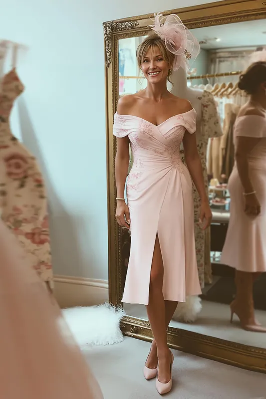 Blush Pink Sheath Off The Shoulder Mother Of The Bride Dress with Slit sold by Zapaka
