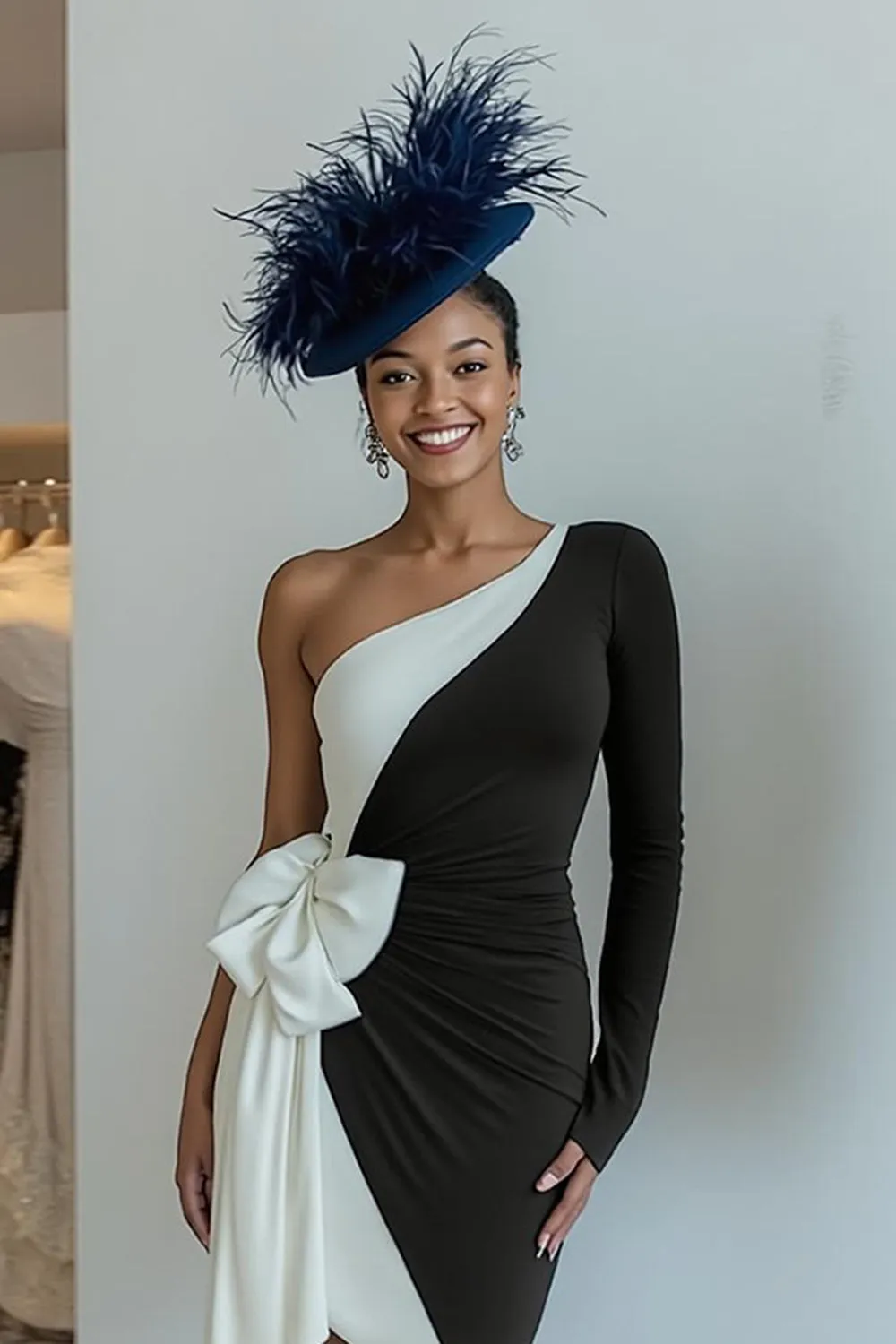 Black Bodycon One Shoulder Midi Mother Of The Bride Dress with Bow sold by Zapaka product image thumbnail 3