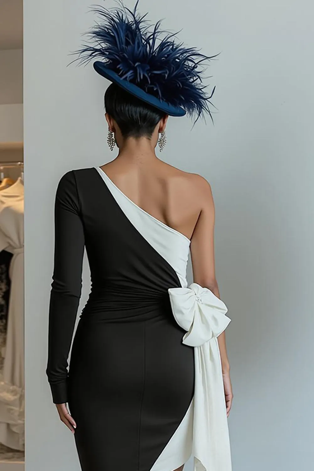 Black Bodycon One Shoulder Midi Mother Of The Bride Dress with Bow sold by Zapaka product image thumbnail 4