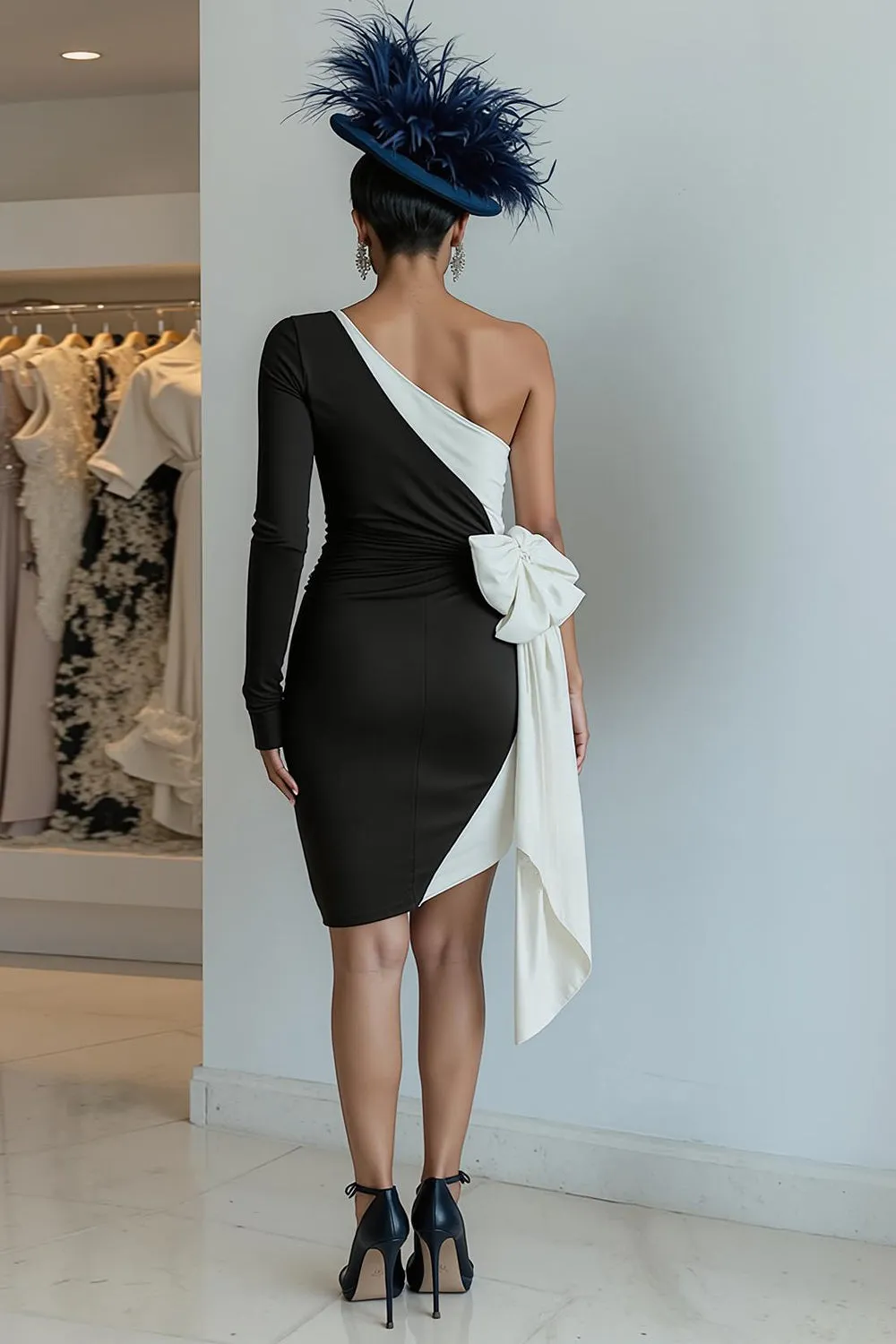 Black Bodycon One Shoulder Midi Mother Of The Bride Dress with Bow sold by Zapaka product image thumbnail 2