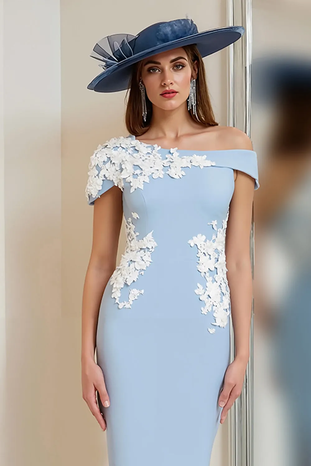 Light Blue One Shoulder Appliqued Sheath Mother Of The Bride Dress sold by Zapaka product image thumbnail 3