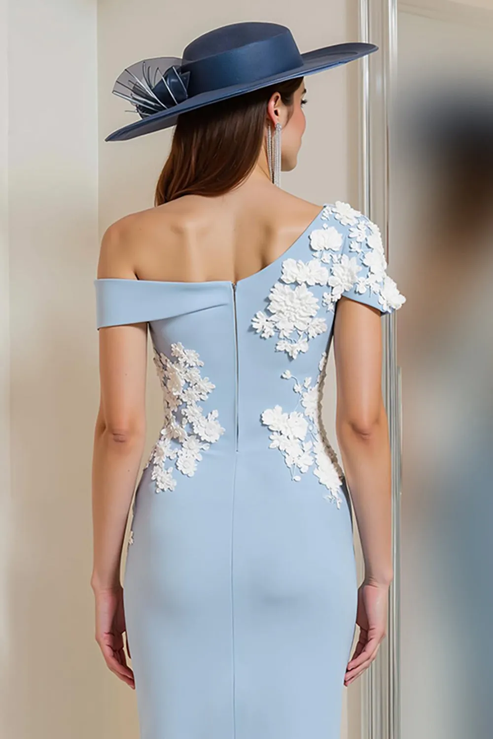 Light Blue One Shoulder Appliqued Sheath Mother Of The Bride Dress sold by Zapaka product image thumbnail 4