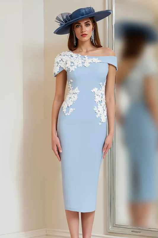 Light Blue One Shoulder Appliqued Sheath Mother Of The Bride Dress sold by Zapaka