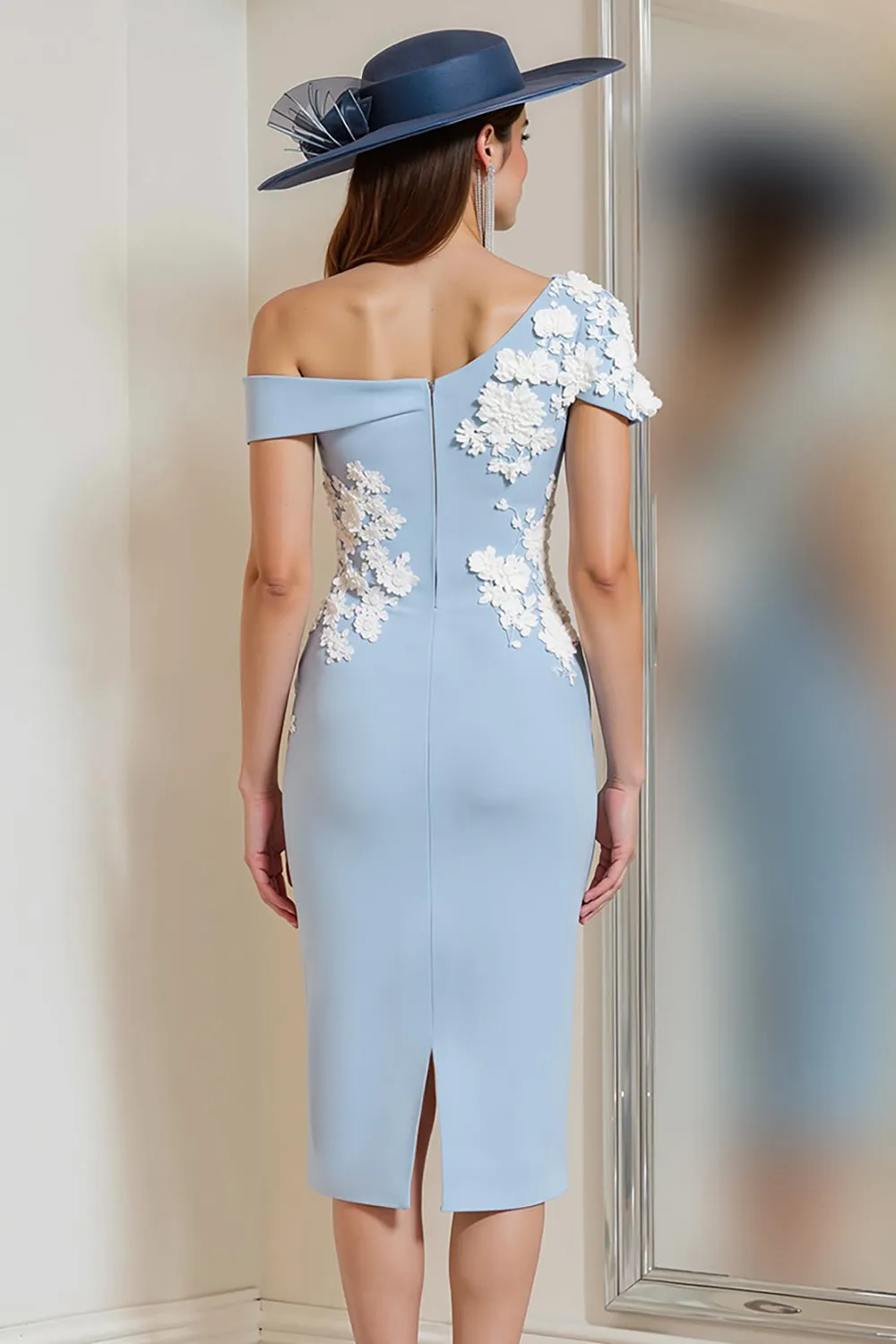 Light Blue One Shoulder Appliqued Sheath Mother Of The Bride Dress sold by Zapaka product image thumbnail 2