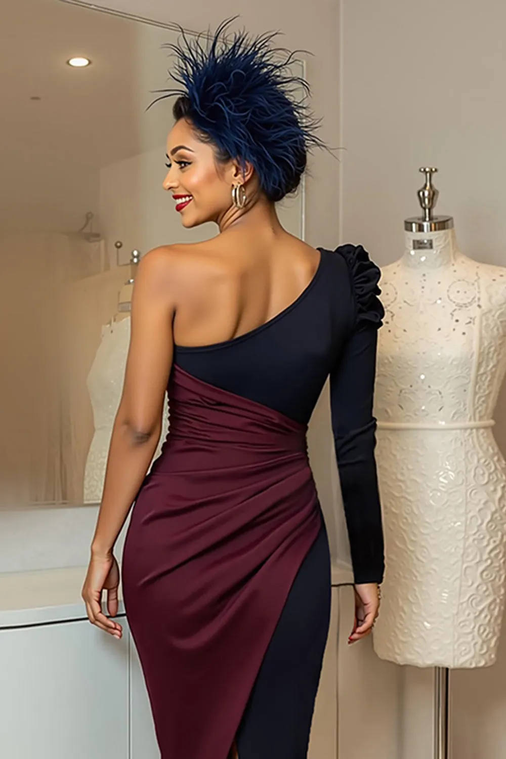 Burgundy and Navy One Shoulder Ruched Midi Mother Of The Bride Dress sold by Zapaka product image thumbnail 4