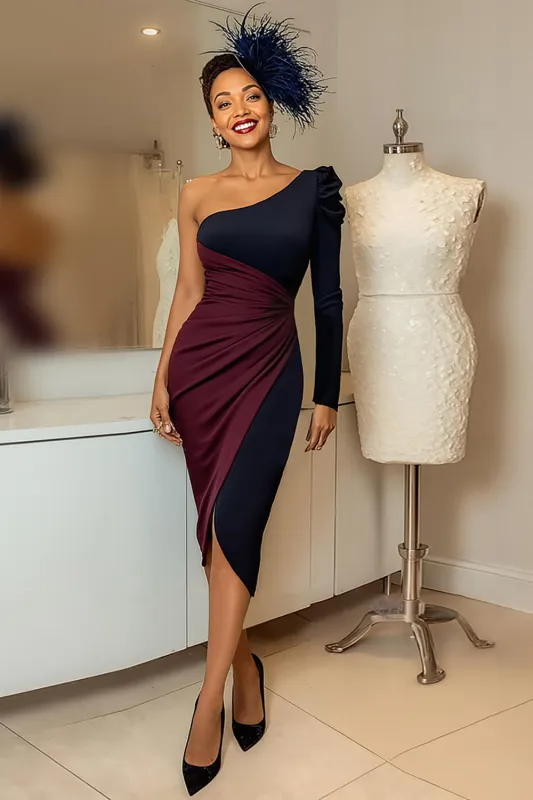 Burgundy and Navy One Shoulder Ruched Midi Mother Of The Bride Dress sold by Zapaka