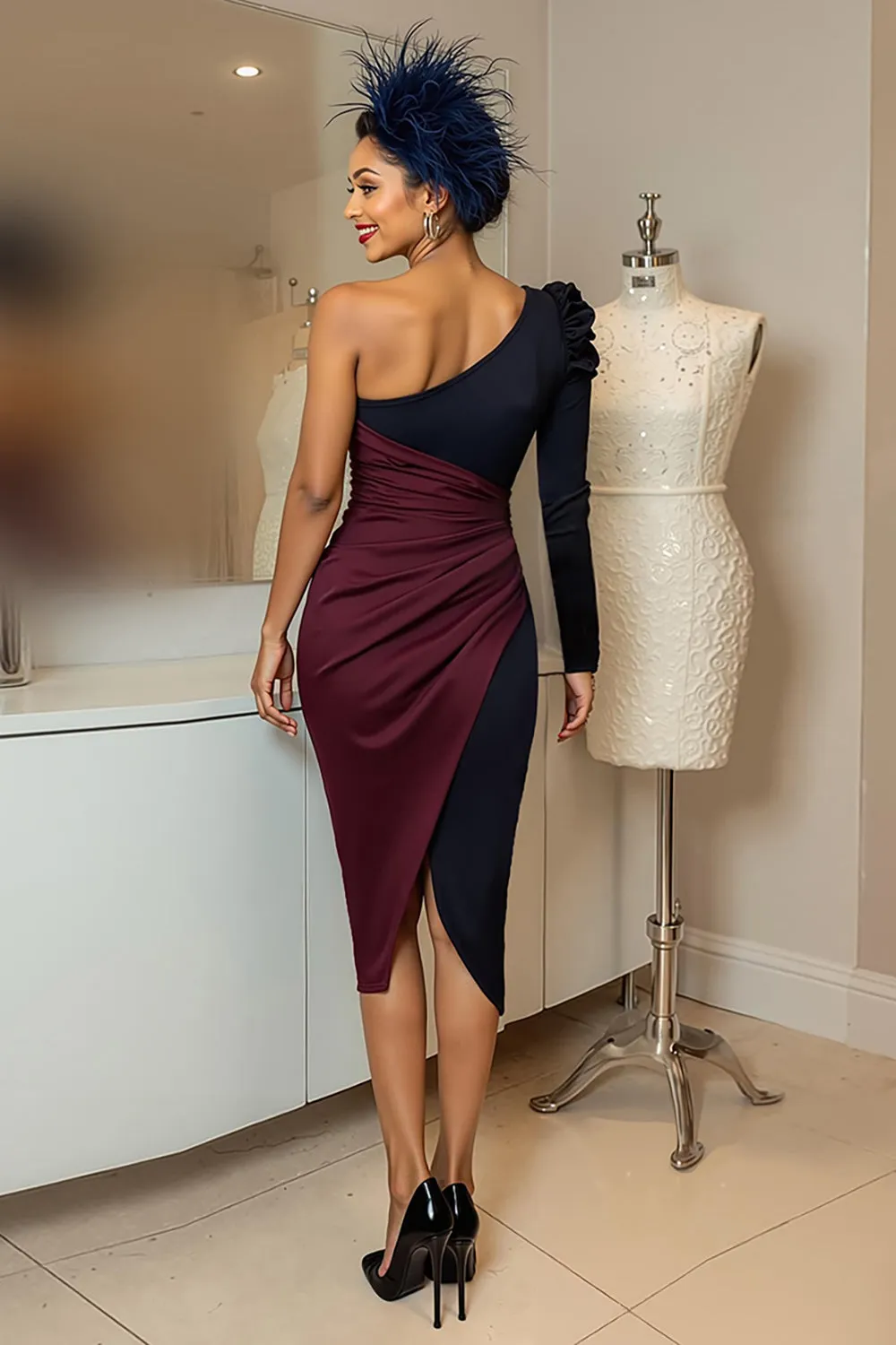 Burgundy and Navy One Shoulder Ruched Midi Mother Of The Bride Dress sold by Zapaka product image thumbnail 2