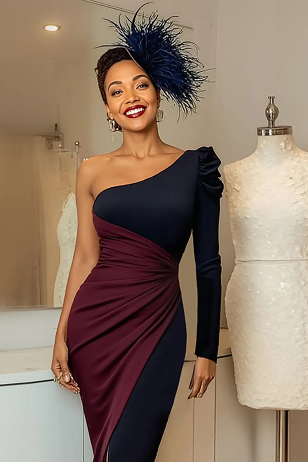 Burgundy and Navy One Shoulder Ruched Midi Mother Of The Bride Dress sold by Zapaka product image thumbnail 3