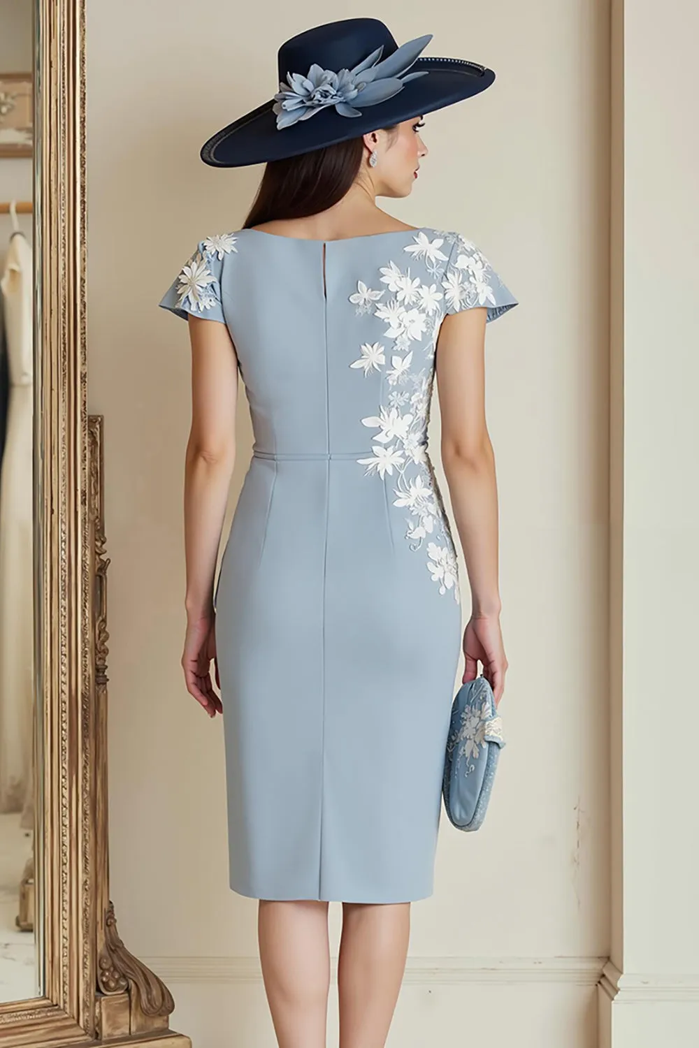 Dusty Blue Appliqued Sheath Midi Mother Of The Bride Dress with Cap Sleeves sold by Zapaka product image thumbnail 2