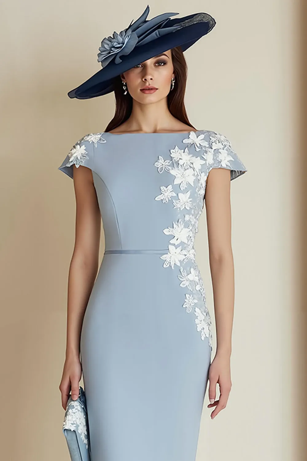 Dusty Blue Appliqued Sheath Midi Mother Of The Bride Dress with Cap Sleeves sold by Zapaka product image thumbnail 3
