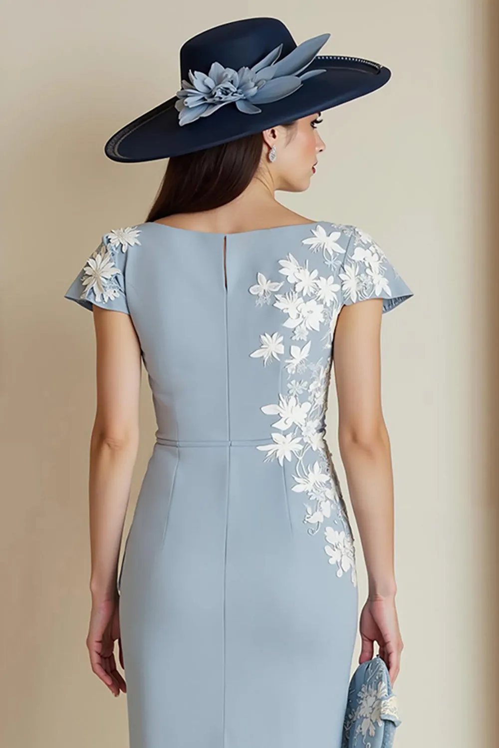Dusty Blue Appliqued Sheath Midi Mother Of The Bride Dress with Cap Sleeves sold by Zapaka product image thumbnail 4