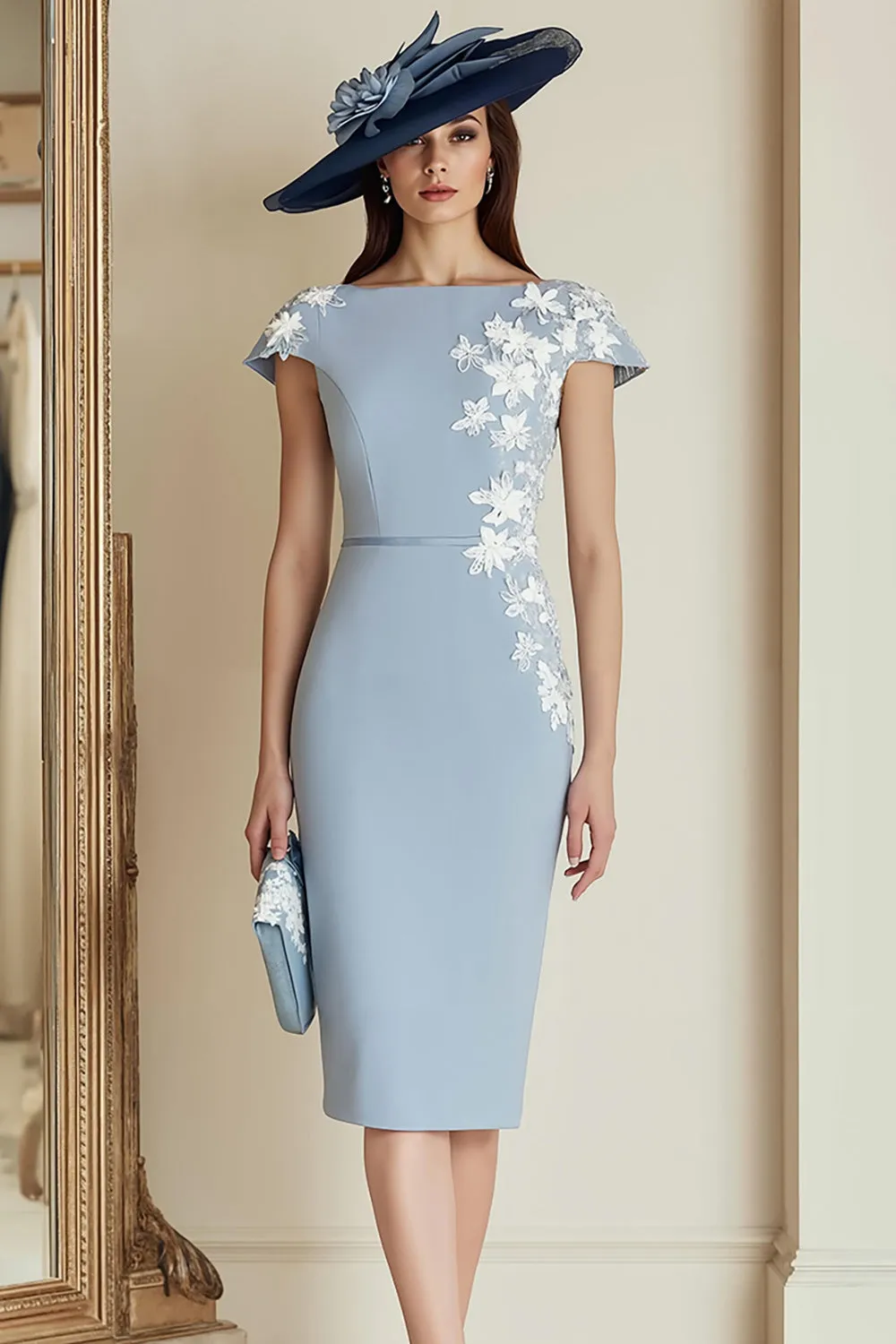 Dusty Blue Appliqued Sheath Midi Mother Of The Bride Dress with Cap Sleeves sold by Zapaka