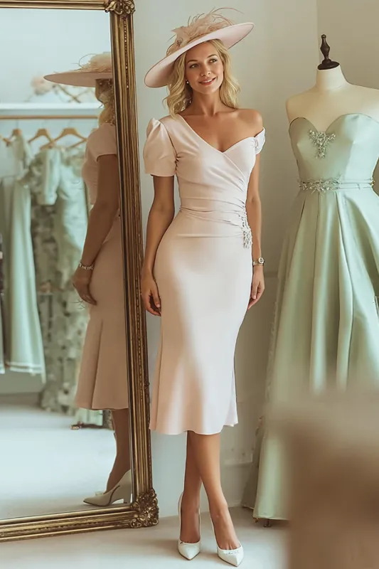 Mermaid One Shoulder Candy Pink Midi Mother Of The Bride Dress sold by Zapaka