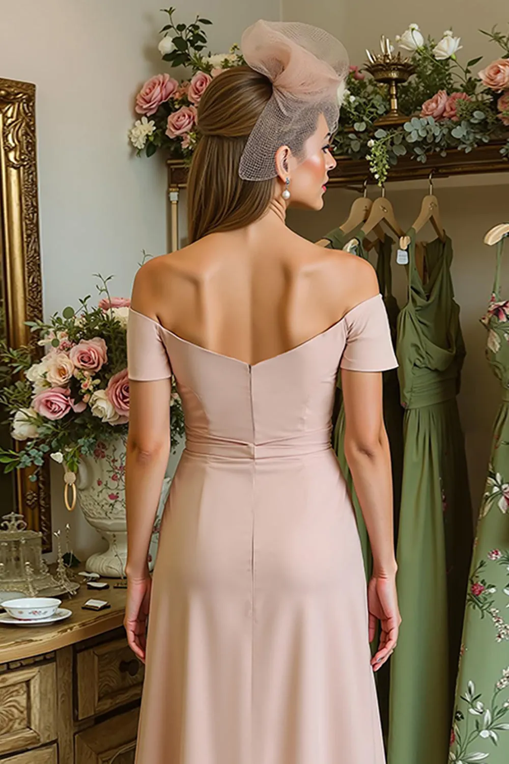 Dusty Rose Sheath Off the Shoulder Ruched Midi Mother Of The Bride Dress sold by Zapaka product image thumbnail 4