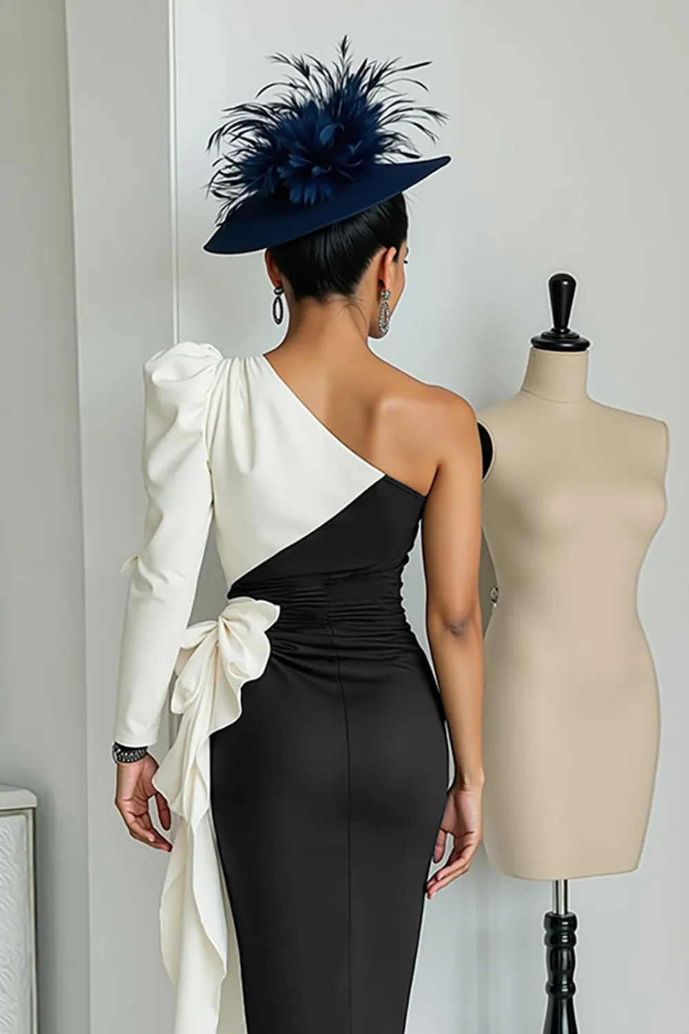 Black and White One Shoulder Bodycon Midi Mother Of The Bride Dress with Sash sold by Zapaka product image thumbnail 4