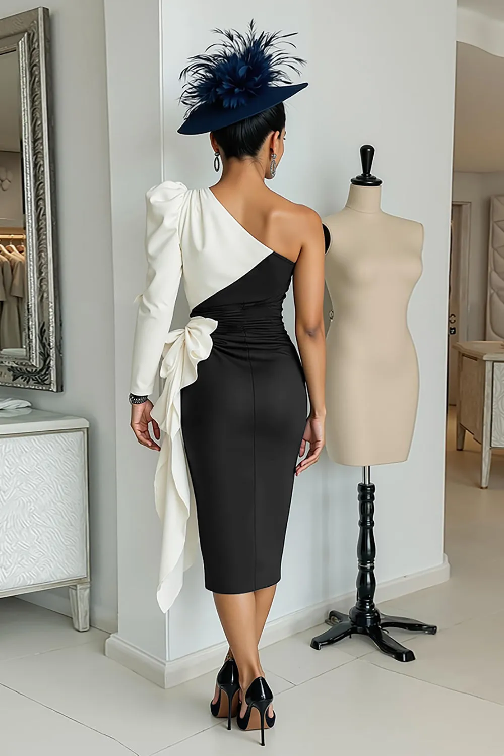 Black and White One Shoulder Bodycon Midi Mother Of The Bride Dress with Sash sold by Zapaka product image thumbnail 2