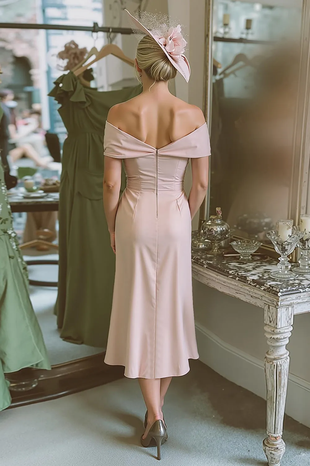 Blush Pink Off The Shoulder Sheath Satin Mother Of The Bride Dress sold by Zapaka product image thumbnail 2