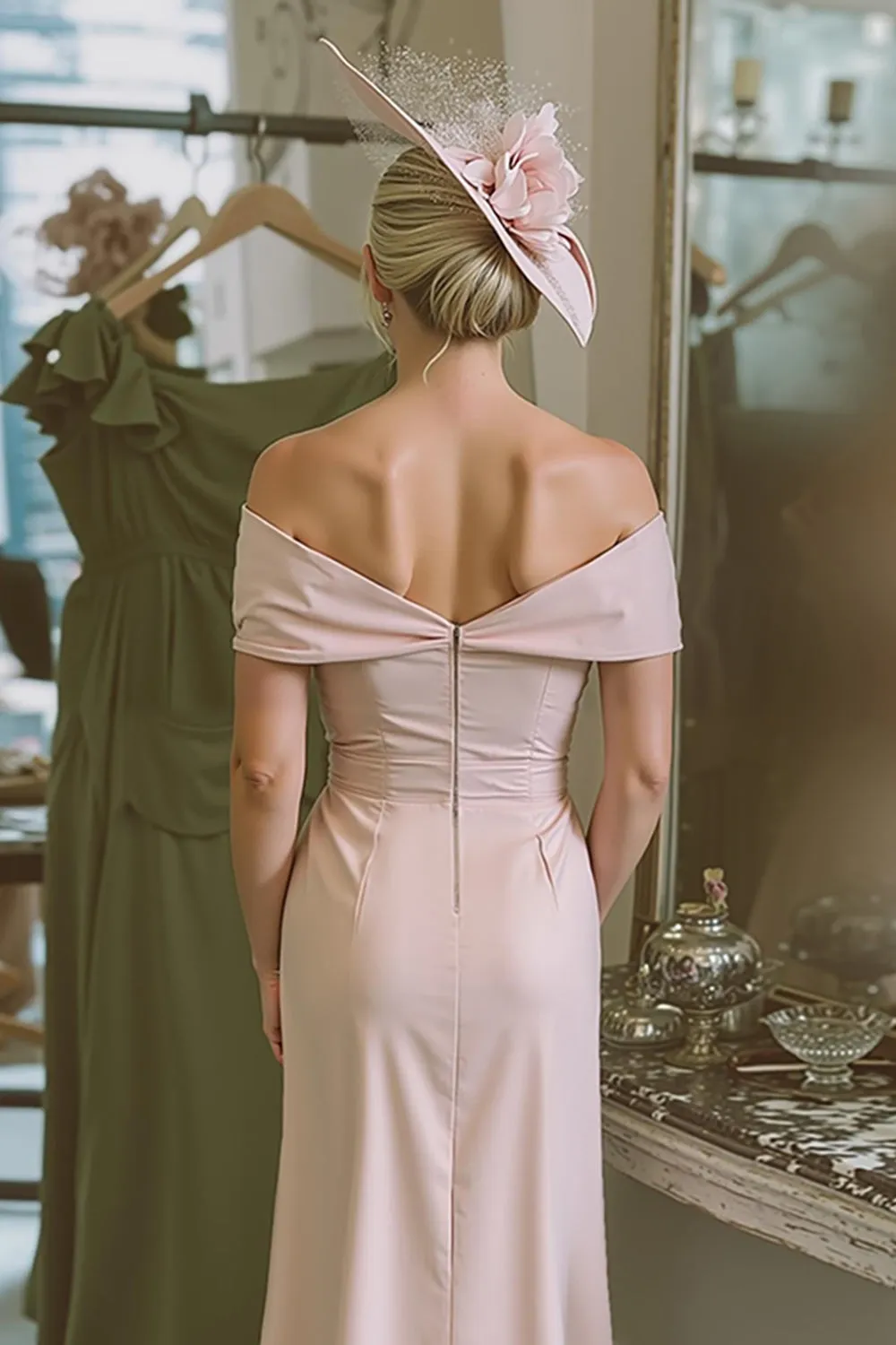 Blush Pink Off The Shoulder Sheath Satin Mother Of The Bride Dress sold by Zapaka product image thumbnail 4