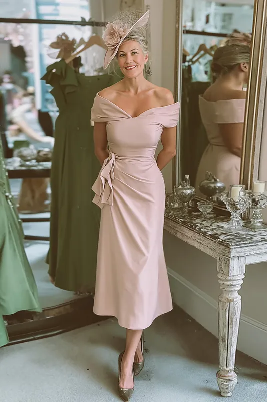 Blush Pink Off The Shoulder Sheath Satin Mother Of The Bride Dress sold by Zapaka
