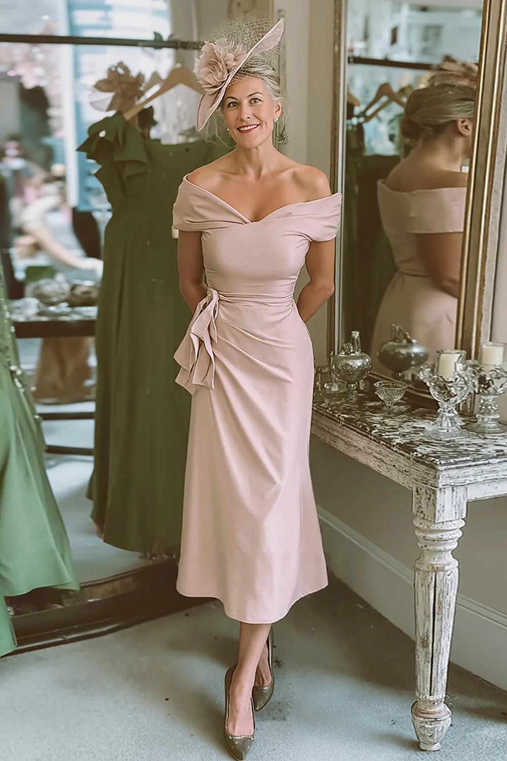 Blush Pink Off The Shoulder Sheath Satin Mother Of The Bride Dress sold by Zapaka