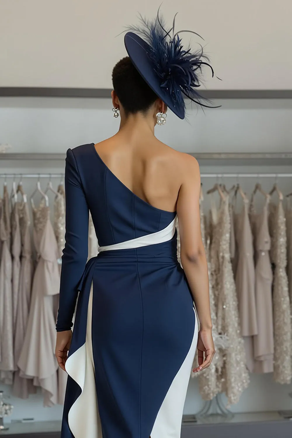 White Navy Bodycon One Shoulder Midi Mother Of The Bride Dress with Sash sold by Zapaka product image thumbnail 4
