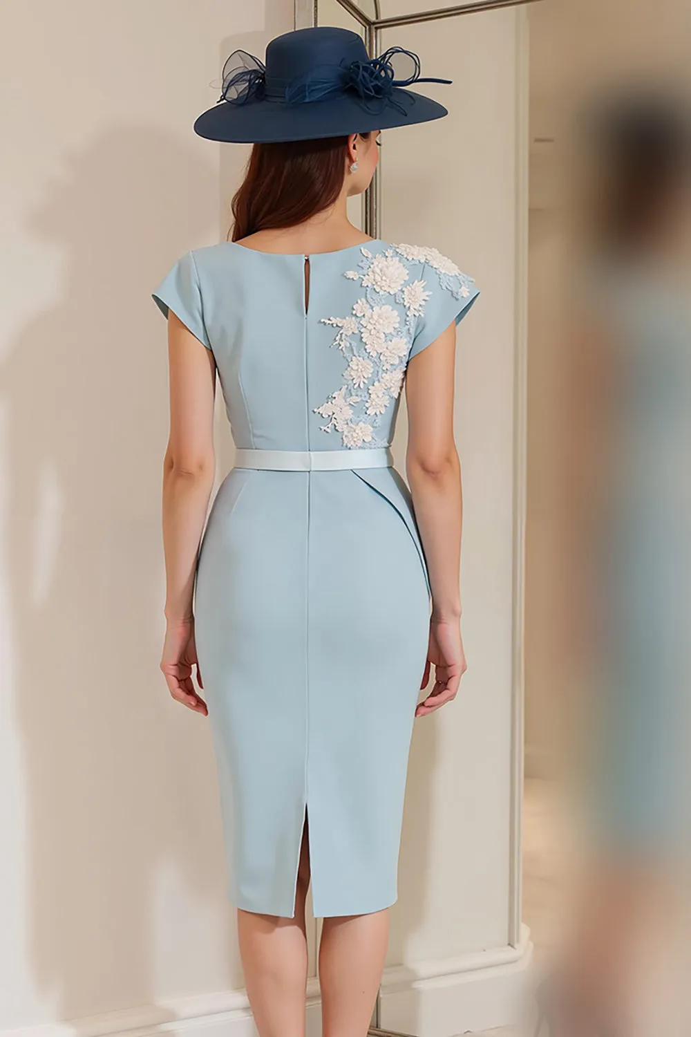 Light Blue Appliqued Sheath Midi Mother Of The Bride Dress sold by Zapaka product image thumbnail 2